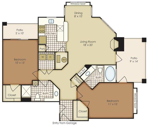Floor plan for 2 beds, 2 baths, 1168 sqft