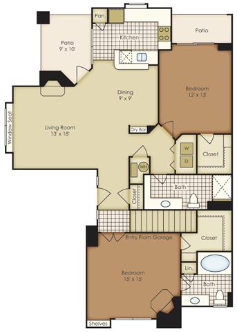 Floor plan for 2 beds, 2 baths, 1206 sqft