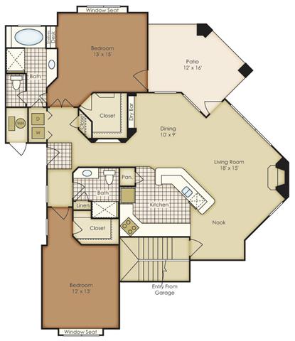 Floor plan for 2 beds, 2 baths, 1360 sqft