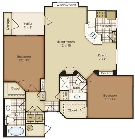 Floor plan for 2 beds, 2 baths, 1060 sqft