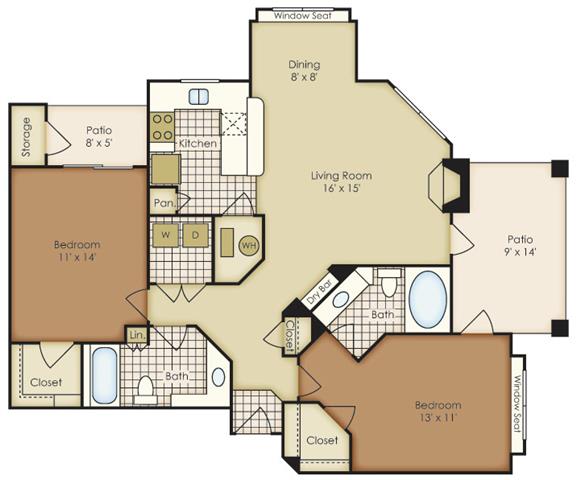 Floor plan for 2 beds, 2 baths, 1073 sqft