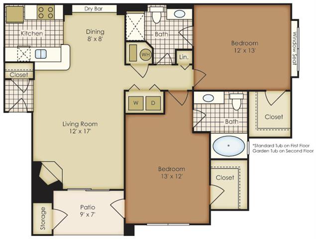 Floor plan for 2 beds, 2 baths, 999 sqft