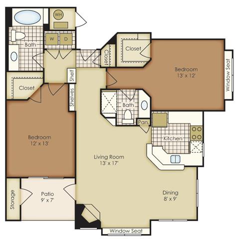 Floor plan for 2 beds, 2 baths, 1087 sqft