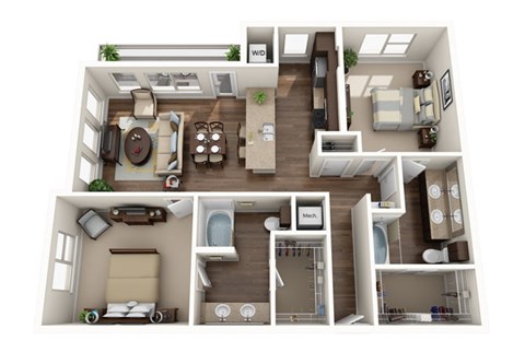 Floor plan for 2 beds, 2 baths, 1197 sqft