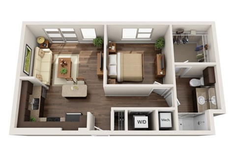 Floor plan for 1 bed, 1 bath, 641 sqft