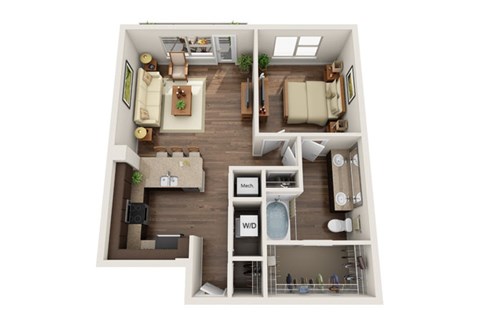 Floor plan for 1 bed, 1 bath, 817 sqft