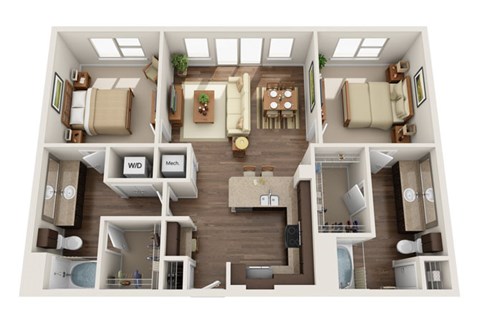 Floor plan for 2 beds, 2 baths, 1192 sqft