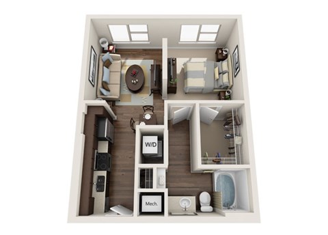Floor plan for studio, 1 bath, 579 sqft