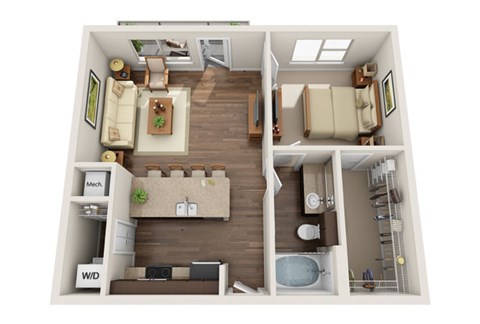 Floor plan for 1 bed, 1 bath, 723 sqft