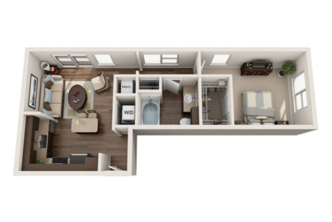 Floor plan for 1 bed, 1 bath, 659 sqft