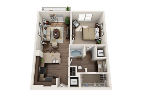 Floor plan for 1 bed, 1 bath, 713 sqft
