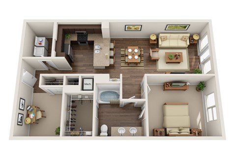 Floor plan for 1 bed, 1 bath, 1034 sqft