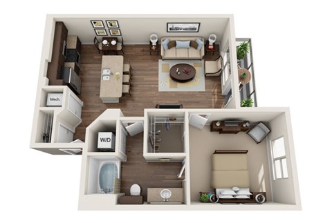 Floor plan for 1 bed, 1 bath, 798 sqft