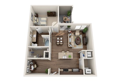 Floor plan for 1 bed, 1 bath, 897 sqft