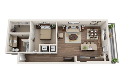 Floor plan for 1 bed, 1 bath, 957 sqft