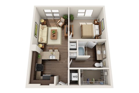 Floor plan for 1 bed, 1 bath, 688 sqft