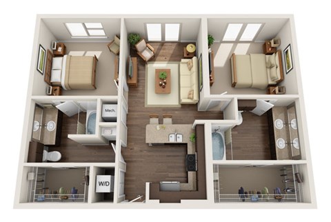 Floor plan for 2 beds, 2 baths, 1034 sqft