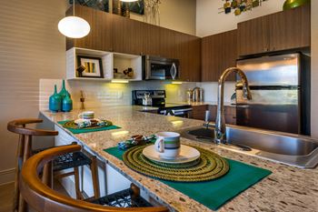 Granite countertops and kitchen island