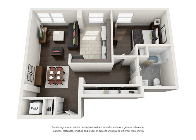 Floor plan for 1 bed, 1 bath, 721 sqft