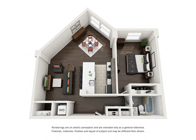 Floor plan for 1 bed, 1 bath, 802 sqft