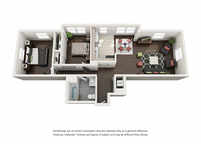 Floor plan for 2 beds, 1 bath, 990 sqft