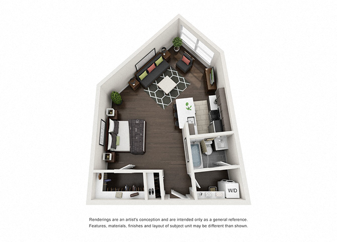 Floor plan for studio, 1 bath, 582 sqft
