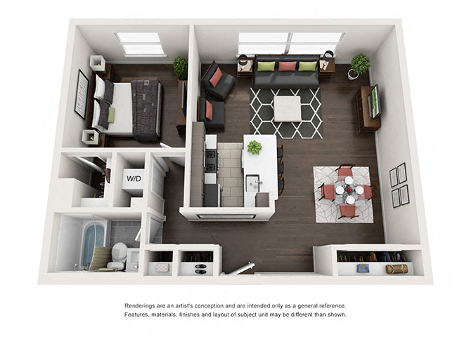 Floor plan for 1 bed, 1 bath, 742 sqft