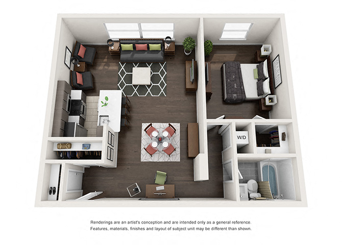 Floor plan for 1 bed, 1 bath, 802 sqft