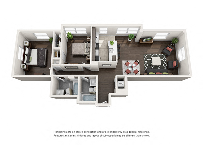 Floor plan for 2 beds, 2 baths, 1000 sqft