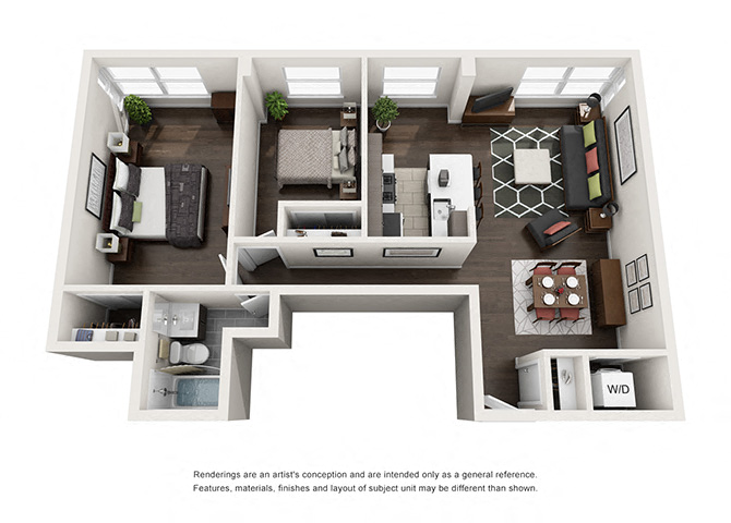 Floor plan for 2 beds, 1 bath, 890 sqft