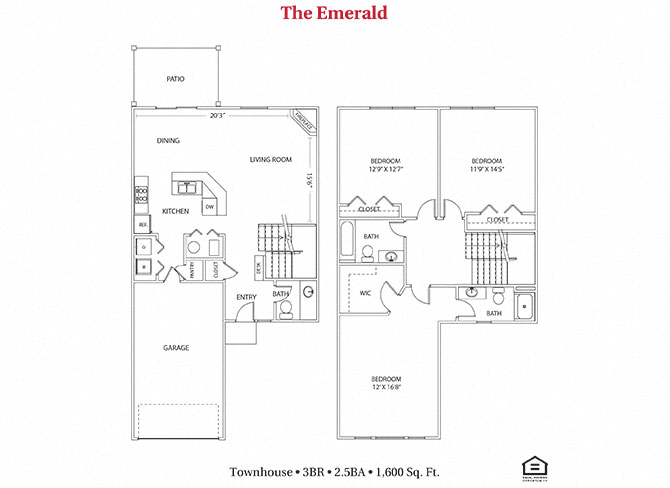 Floor plan for 3 beds, 2.5 baths, 1600 sqft