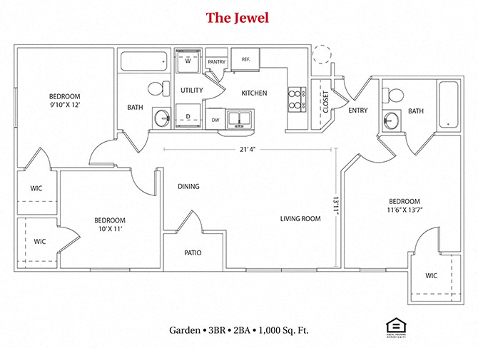 Floor plan for 3 beds, 2 baths, 1000 sqft