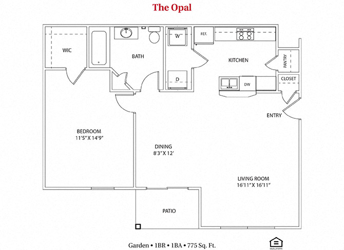 Floor plan for 1 bed, 1 bath, 775 sqft