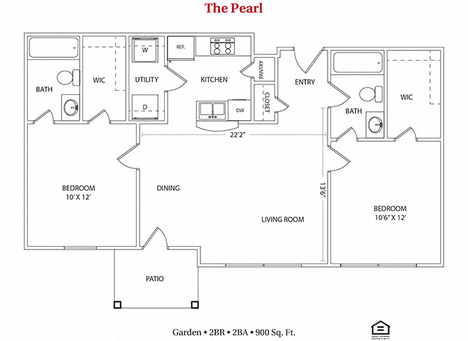 Floor plan for 2 beds, 2 baths, 900 sqft
