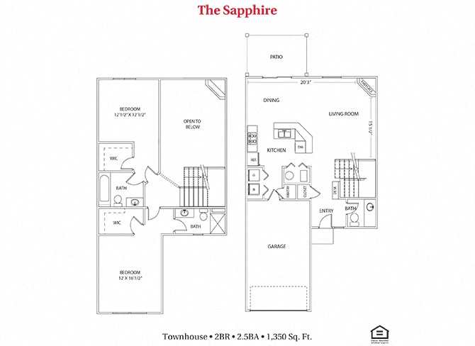 Floor plan for 2 beds, 2.5 baths, 1350 sqft