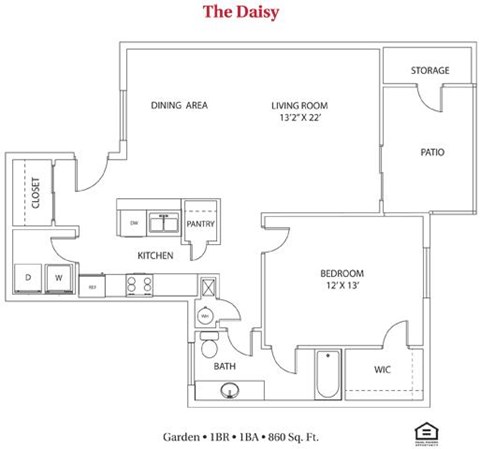 Floor plan for 1 bed, 1 bath, 860 sqft