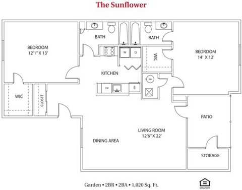 Floor plan for 2 beds, 2 baths, 1020 sqft
