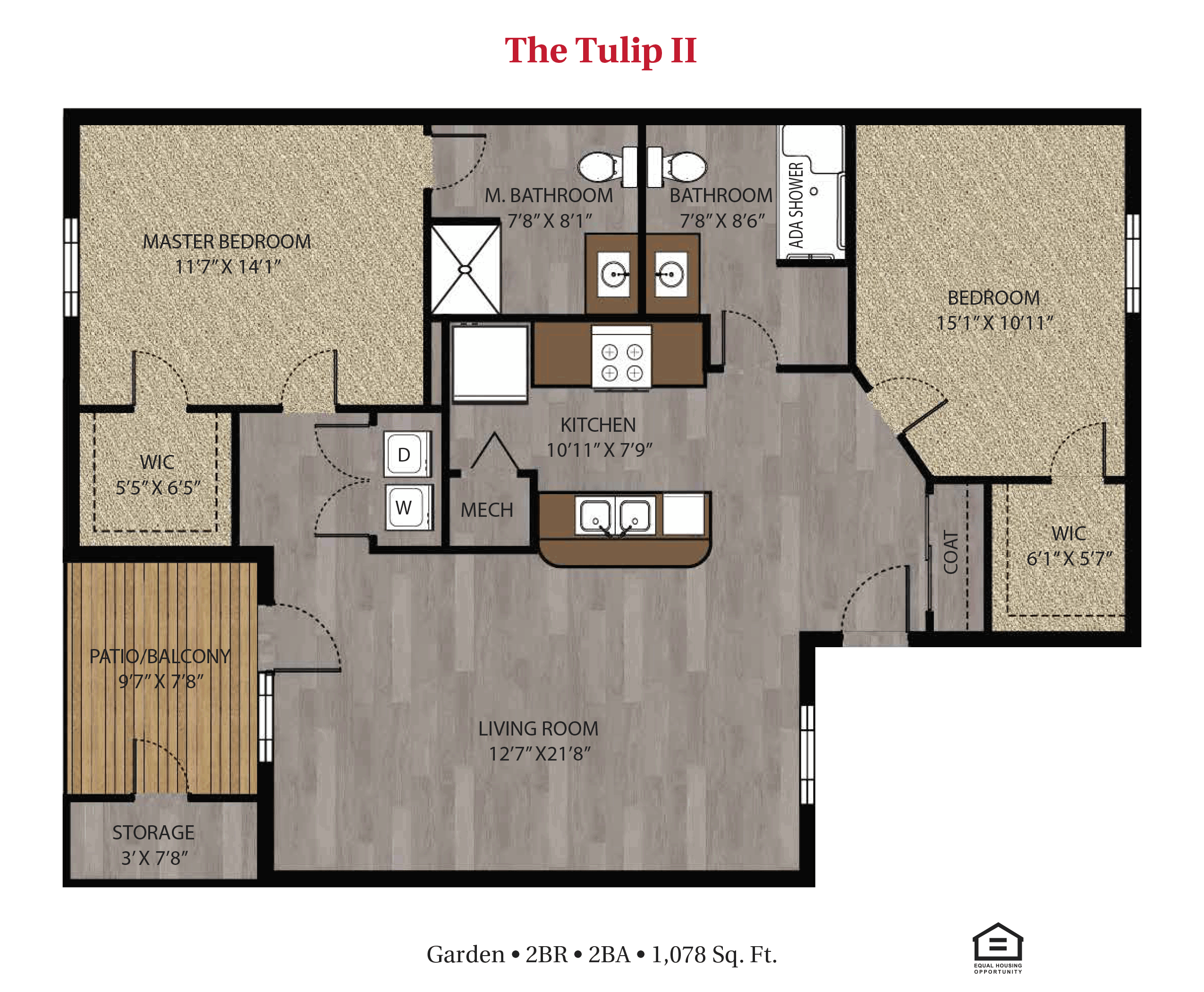 Floor plan for 2 beds, 2 baths, 1078 sqft