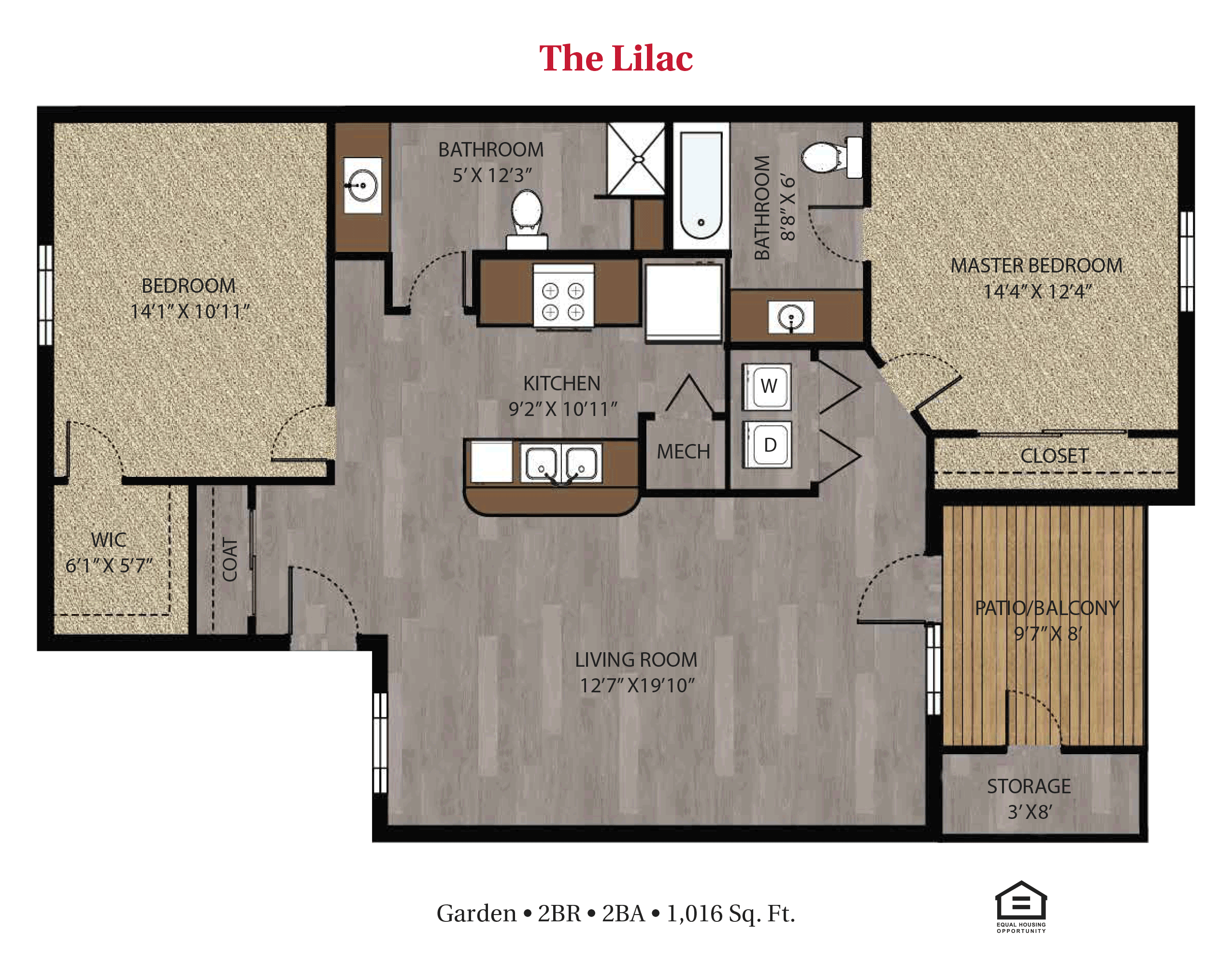 Floor plan for 2 beds, 2 baths, 1016 sqft