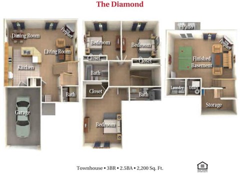 Floor plan for 3 beds, 2.5 baths, 2220 sqft