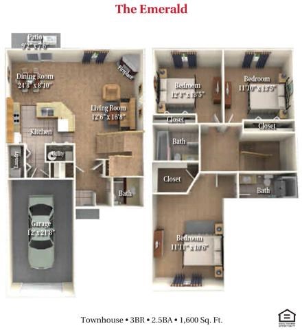 Floor plan for 3 beds, 2.5 baths, 1600 sqft