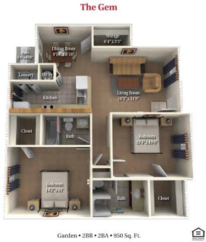 Floor plan for 2 beds, 2 baths, 950 sqft