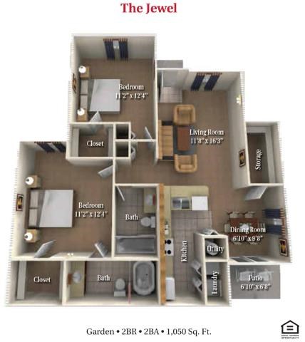 Floor plan for 2 beds, 2 baths, 1050 sqft