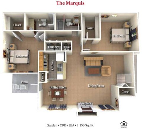 Floor plan for 2 beds, 2 baths, 1150 sqft
