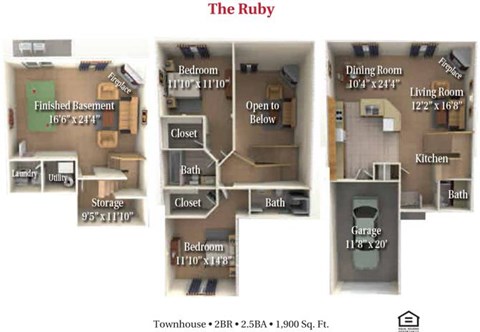 Floor plan for 2 beds, 2.5 baths, 1900 sqft