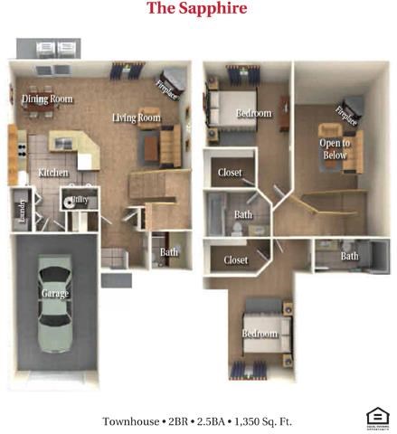 Floor plan for 2 beds, 2.5 baths, 1350 sqft