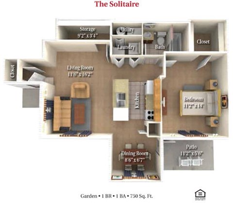 Floor plan for 1 bed, 1 bath, 750 sqft