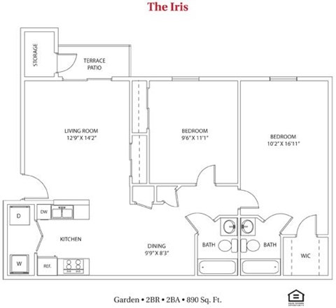 Floor plan for 2 beds, 2 baths, 890 sqft