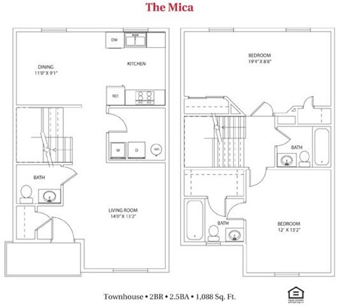 Floor plan for 2 beds, 2.5 baths, 1088 sqft