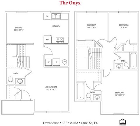 Floor plan for 3 beds, 2.5 baths, 1088 sqft